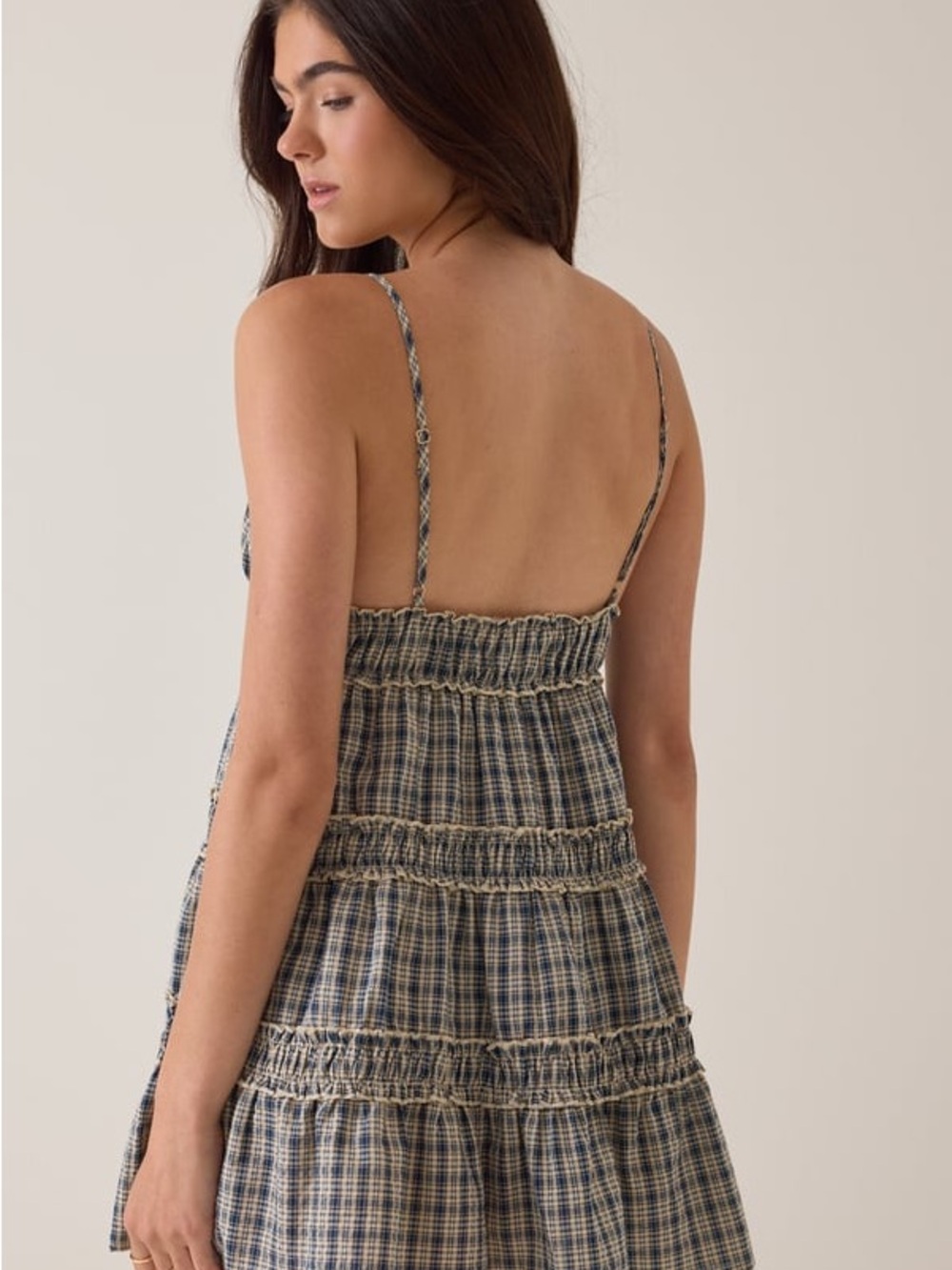 NWT Altar'd State Blue and Cream Plaid Smocked Mini Dress - Picture 4 of 6